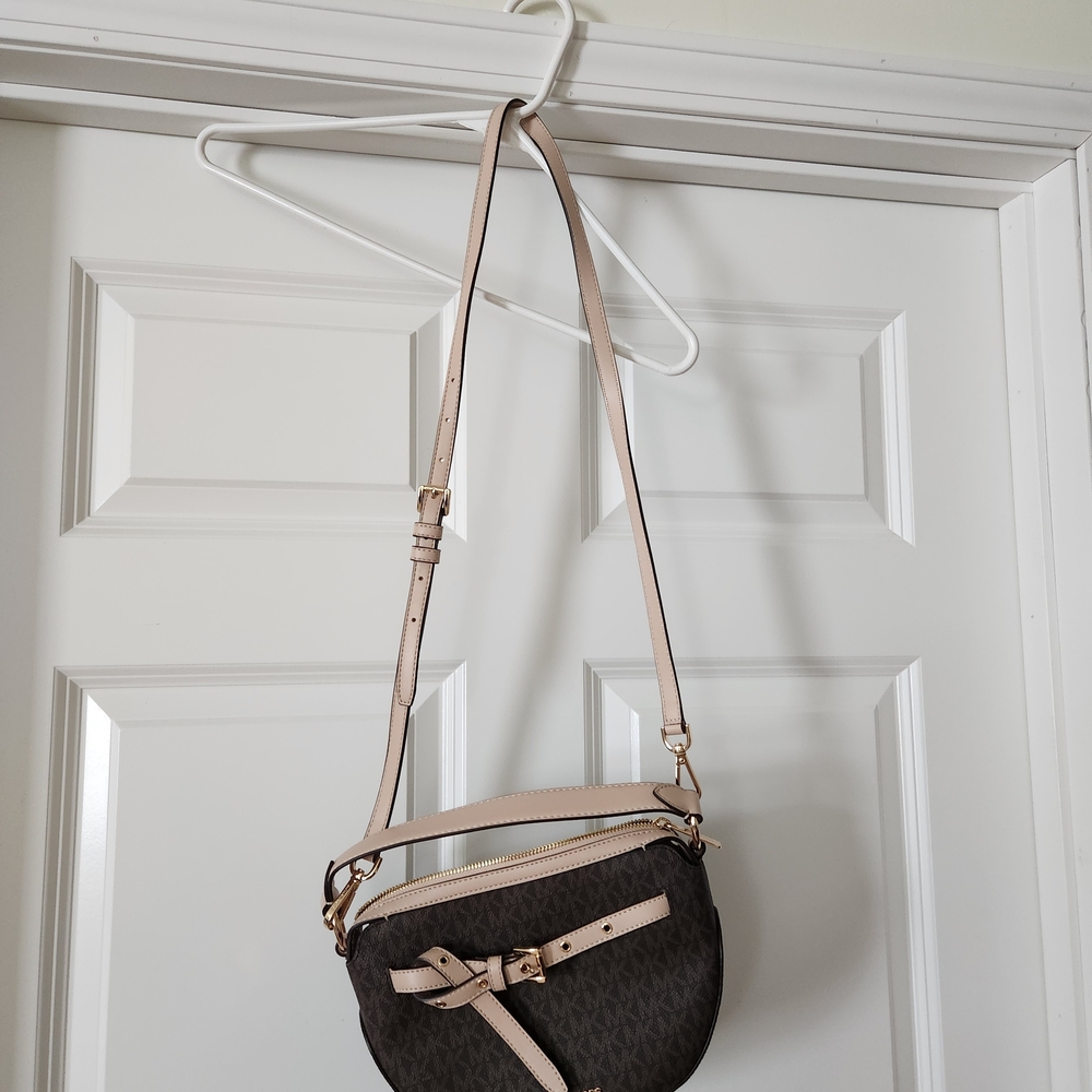 Michael Kors Brown Signature Crossbody with Blush Leather Trim